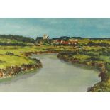 GYRTH RUSSELL watercolour - distant church and houses with river, signed, 24 x 35cms Provenance: