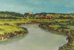 GYRTH RUSSELL watercolour - distant church and houses with river, signed, 24 x 35cms Provenance: