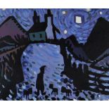 KARL DAVIES oil on canvas - nighttime with figure and dogs on a track with house, entitled on Albany