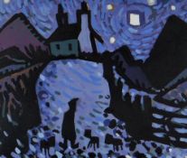 KARL DAVIES oil on canvas - nighttime with figure and dogs on a track with house, entitled on Albany
