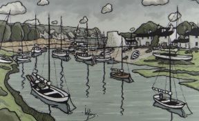 ALAN WILLIAMS acrylic - estuary with cottages, entitled verso 'Abersoch', signed, 33 x 52cms