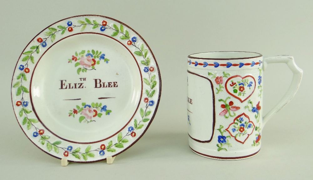 A SWANSEA CAMBRIAN MOULDED DOCUMENTARY MUG & SAUCER FOR ELIZABETH BLEE circa 1820, the mug of - Image 2 of 2