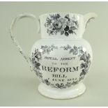 1832 GLAMORGAN POTTERY POLITICAL REFORM JUG of bellied form with spreading foot and ear-shaped