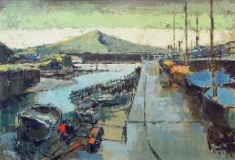 HYWEL HARRIES oil on board - view of Aberystwyth harbour with boats, signed and dated 1970, 51 x