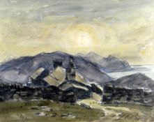 SIR KYFFIN WILLIAMS RA watercolour and pencil - old dry-stone walls and Caernarfonshire farm near