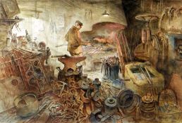 ARTHUR MILES watercolour - interior with blacksmith working, entitled verso 'Smithy at Dyserth',