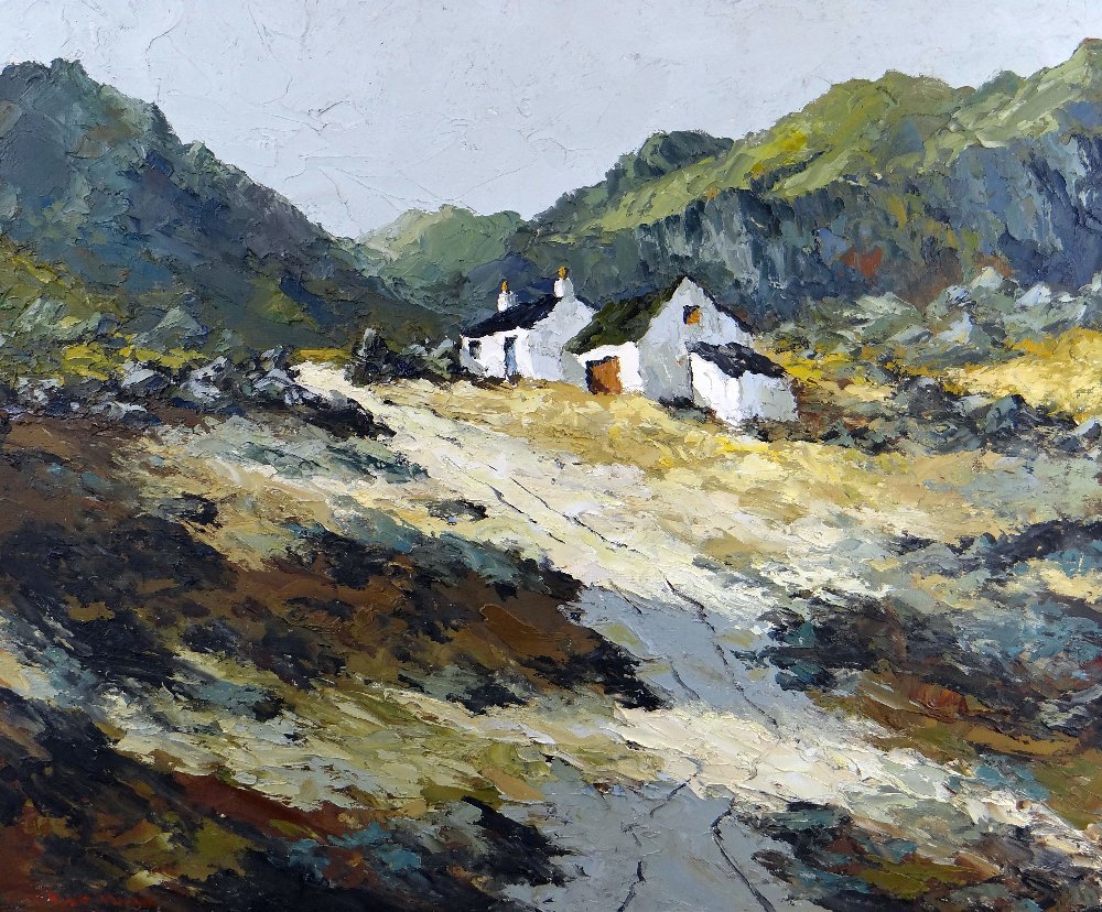 CHARLES WYATT WARREN oil on board - desolate whitewashed house in mountain landscape, signed, 48 x