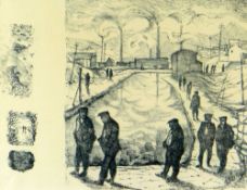 JOHN ELWYN lithograph - industrial scene with smoking chimneys and figures, 33 x 43cms Provenance: