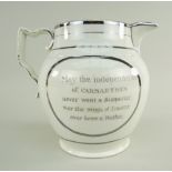 A SWANSEA POTTERY SILVER-LUSTRE COMMEMORATIVE JUG of bellied form with scroll handle, dedicated to