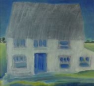 HUW JONES oil on board - naive style Welsh thatched cottage, signed in full, 31 x 33cms