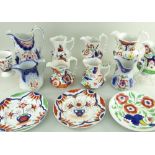 VARIOUS 19TH CENTURY SWANSEA POTTERY GAUDY WELSH STYLE ITEMS including three plates, 22.5cms diam, a