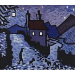 KARL DAVIES oil on canvas - nighttime with figure and dogs by a house with mountains, entitled on