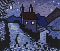 KARL DAVIES oil on canvas - nighttime with figure and dogs by a house with mountains, entitled on