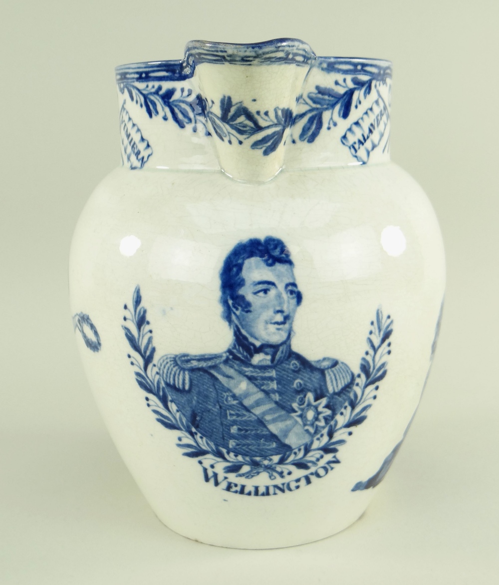 A RARE SWANSEA DILLWYN & CO POTTERY JUG TO COMMEMORATE WELLINGTON with scroll handle, transfer