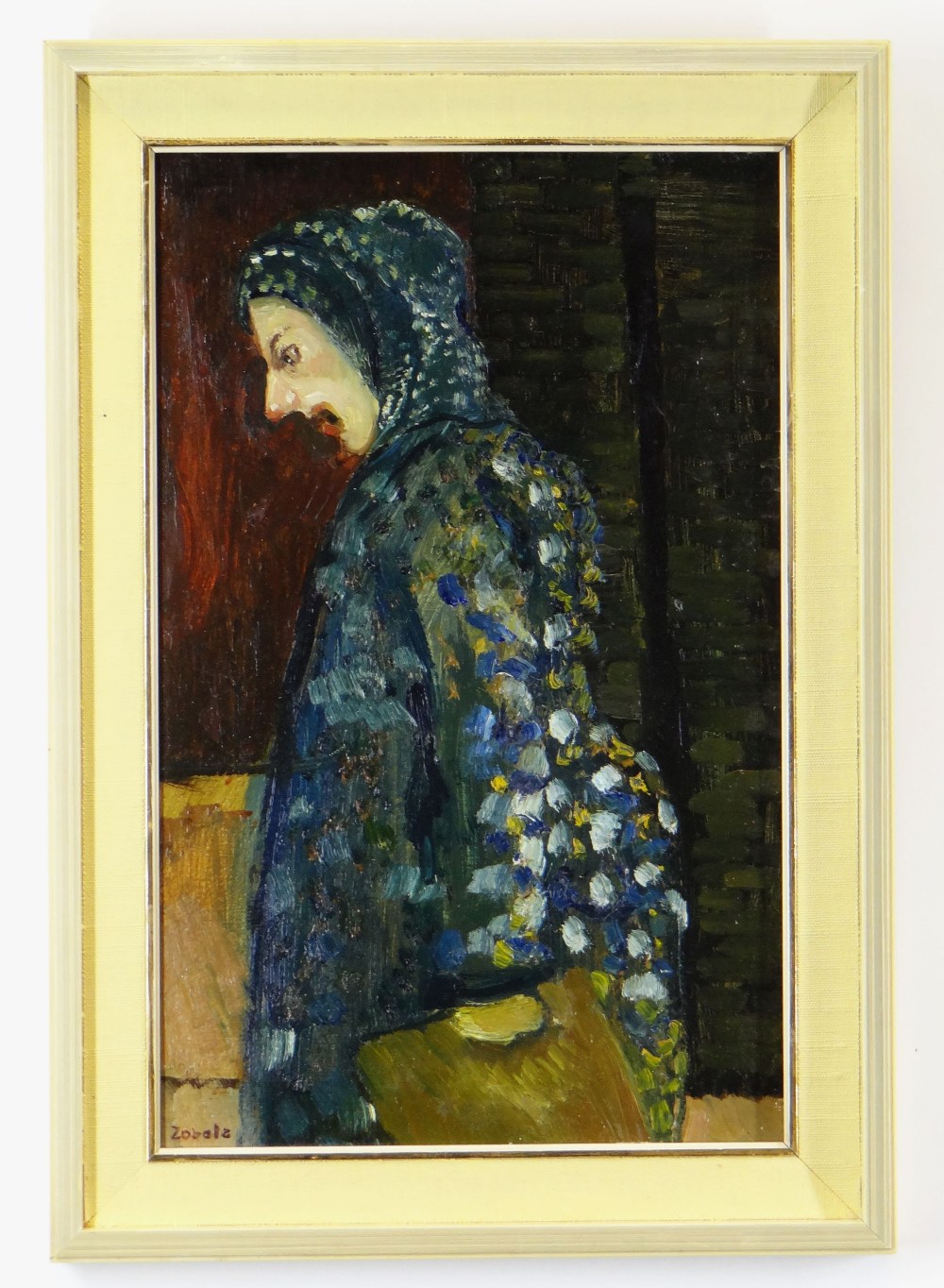 ERNEST ZOBOLE oil on board - figure, entitled verso 'Welsh Lady with Scarf', circa 1970s, signed, 35 - Image 2 of 2