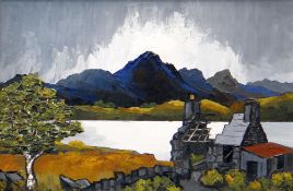 DAVID BARNES oil on board - Eryri with ruined house and outbuilding, entitled verso 'Storm and