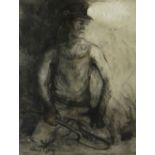 VALERIE GANZ charcoal and pastel - kneeling miner wearing vest and helmet with illuminated lamp