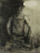 VALERIE GANZ charcoal and pastel - kneeling miner wearing vest and helmet with illuminated lamp