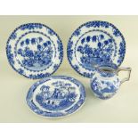 FOUR SWANSEA POTTERY ITEMS IN TWO BLUE & WHITE TRANSFER PATTERNS comprising pair of notched soup-