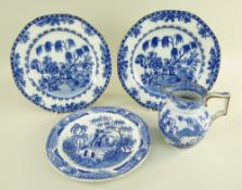 FOUR SWANSEA POTTERY ITEMS IN TWO BLUE & WHITE TRANSFER PATTERNS comprising pair of notched soup-