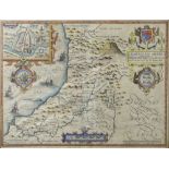 JOHN SPEED coloured antiquarian map of Cardigan Shyre 'described with the due forme of the Shire-