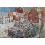 ATTRIBUTED TO DONALD McINTYRE watercolour - village harbour with stack of lobster pots, entitled
