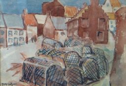 ATTRIBUTED TO DONALD McINTYRE watercolour - village harbour with stack of lobster pots, entitled