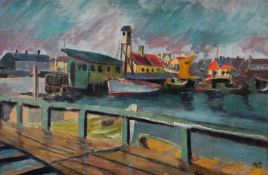 GYRTH RUSSELL oil on canvas - early career harbour scene, entitled verso on frame 'Cardiff