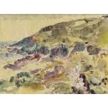 ARTHUR GIARDELLI mixed media on brown paper - coastal landscape, entitled verso 'Arfordir /