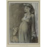 THOMAS RATHMELL pencil and heightening - expectant mother standing with infant, signed, 26.5 x 19cms