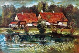 ANDREW VICARI oil on board - French landscape, entitled on artist's French label verso 'Cottages