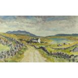 GYRTH RUSSELL watercolour - expansive landscape with track, farmstead and lake, signed, 31 x 53cms
