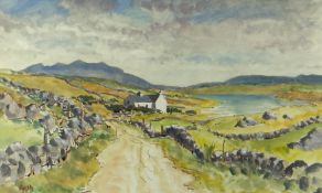 GYRTH RUSSELL watercolour - expansive landscape with track, farmstead and lake, signed, 31 x 53cms