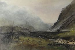 WILLIAM SELWYN mixed media - Eryri landscape near Llanberis with historic bridge, entitled verso