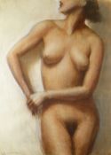 HARRY HOLLAND pastel - standing female, entitled verso on Martin Tinney Gallery label 'Nude' and