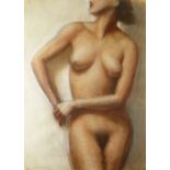 HARRY HOLLAND pastel - standing female, entitled verso on Martin Tinney Gallery label 'Nude' and