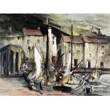 ARTHUR H S RICHARDS mixed media - harbour scene with sailing boats and figures, signed, 34 x 45cms