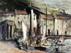 ARTHUR H S RICHARDS mixed media - harbour scene with sailing boats and figures, signed, 34 x 45cms