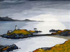 DAVID BARNES oil on board - Ynys Mon coastal scene with lighthouse, entitled verso 'Llanddwyn