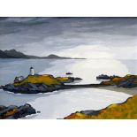 DAVID BARNES oil on board - Ynys Mon coastal scene with lighthouse, entitled verso 'Llanddwyn