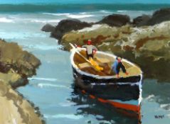 DONALD McINTYRE acrylic - two figures on a fishing boat drawing into a cove, entitled verso on