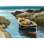 DONALD McINTYRE acrylic - two figures on a fishing boat drawing into a cove, entitled verso on