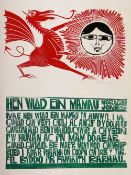 PAUL PETER PIECH one-off (numbered 1) three colour linocut poster - with image of Welsh dragon and