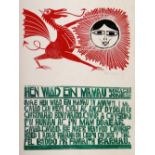 PAUL PETER PIECH one-off (numbered 1) three colour linocut poster - with image of Welsh dragon and