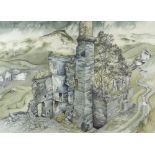 MARGARET JONES watercolour - the ruins of Frongoch lead mine with surrounding hills, near