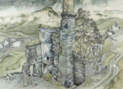 MARGARET JONES watercolour - the ruins of Frongoch lead mine with surrounding hills, near