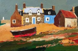 DONALD McINTYRE early oil on board - colourful coastal cottages and beached boats, signed and