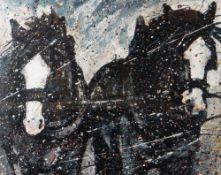 CARYS BRYN oil on canvas - two workhorses pulling against the elements, entitled verso 'Cyd-Dynnu (