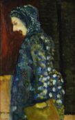 ERNEST ZOBOLE oil on board - figure, entitled verso 'Welsh Lady with Scarf', circa 1970s, signed, 35