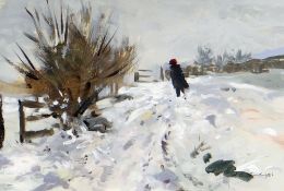 GARETH THOMAS oil on paper / board - landscape with figure walking, entitled verso 'Winter Snow